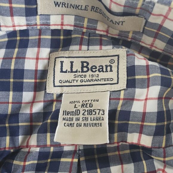 LL Bean Shirt Mens Large Reg Blue Plaid Wrinkle- Resistant Long Sleeve Button Up - Picture 3 of 9